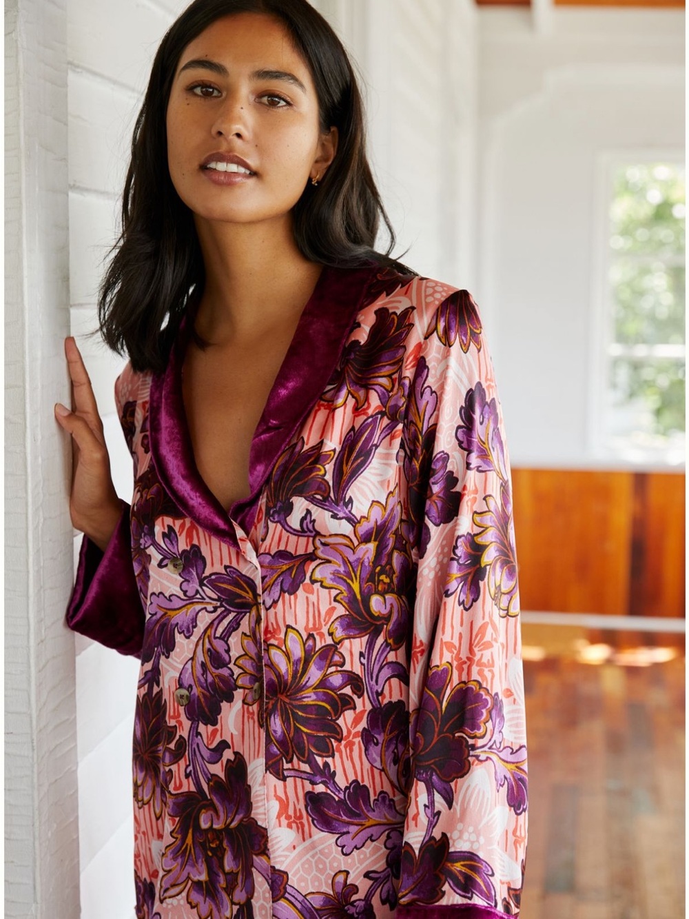 Anthropologie Lux Sleep Top Blouse Silky Floral Velvet Collar Lingerie Sleepwear